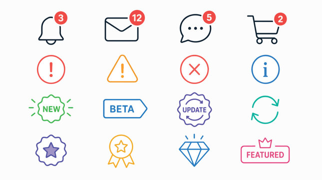 Collection of modern notification and status icons for digital interfaces and applications.