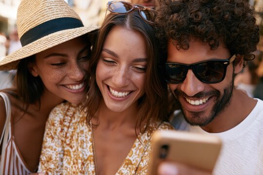 Friends sharing happy moments watching smartphone screen