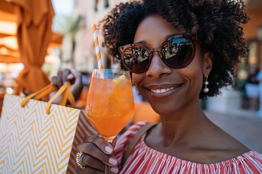 Woman enjoying refreshing cocktail after summer shopping trip