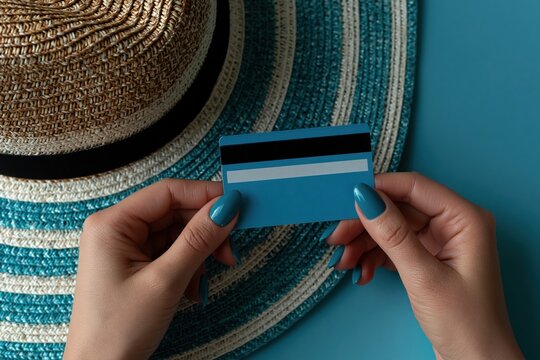 Hands holding credit card for summer travel payment