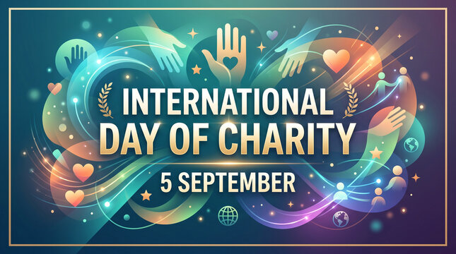 International day of charity banner with glowing hands, hearts, and abstract light elements on a dark background