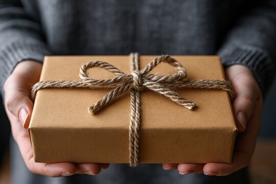 Hands holding a brown gift box tied with rustic twine bow
