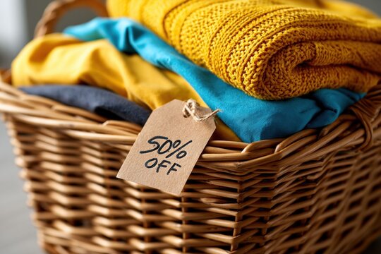 Clothes in basket with 50% off discount tag