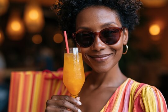 Happy Black woman enjoying cocktail after shopping