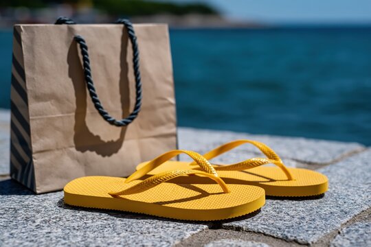 Yellow flip-flops and shopping bag near blue sea