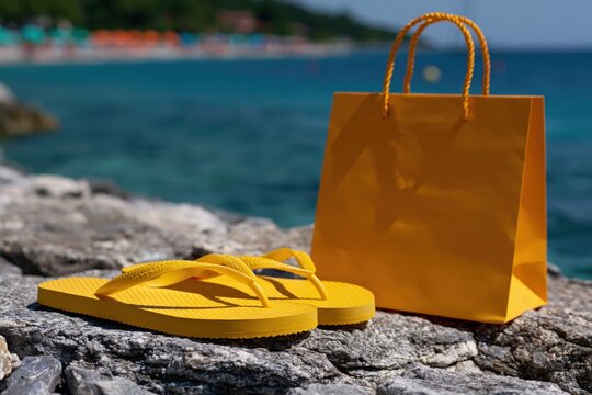 Yellow flip-flops and shopping bag on seaside rocks