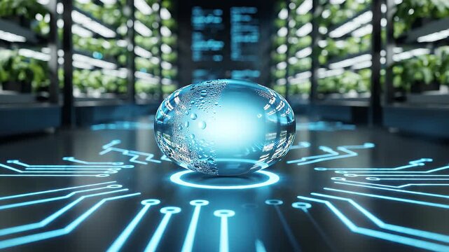 Smart farming technology and vertical agriculture with glowing seed for innovation, sustainability and future growth. Agtech, hydroponics and digital greenhouse with ecosystem, ai and science lab