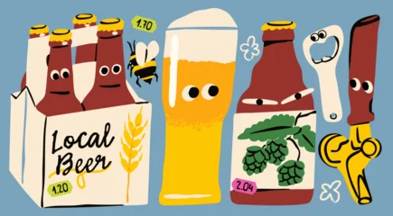 Cute Beer characters with eyes. Beer glass, bottle pack, opener, tap handle. Pub, brewery, bar menu concept. Hand drawn trendy Vector illustration. Isolated design elements. Logo, sticker template © Dariia