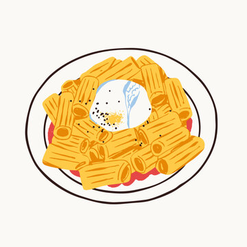 Rigatoni with tomato sauce with burrata cheese on top. Healthy pasta meal, fresh ingredients. Hand drawn trendy Vector illustration. Isolated design element. Cafe, restaurant menu concept