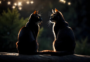 Fototapeta premium Two cats sitting facing each other in nature at dusk