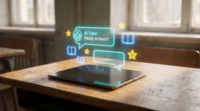 Educational AI chatbot virtual tutor assisting school learning with glowing cyan blue holographic speech bubbles on tablet