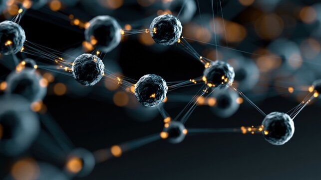 Macro view of nanoparticles connected by glowing threads