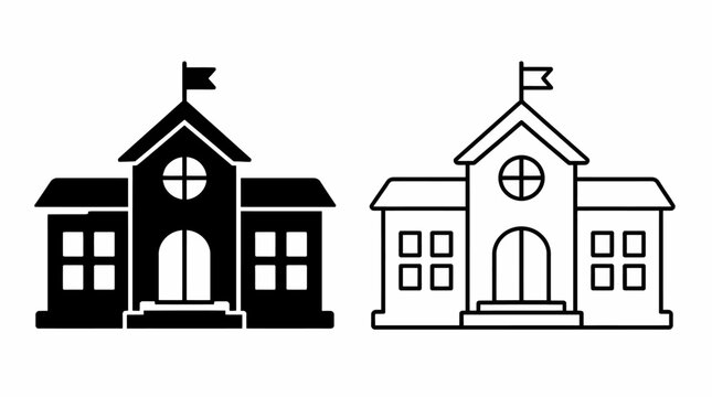 School Building Icons: Black Silhouette and Outline