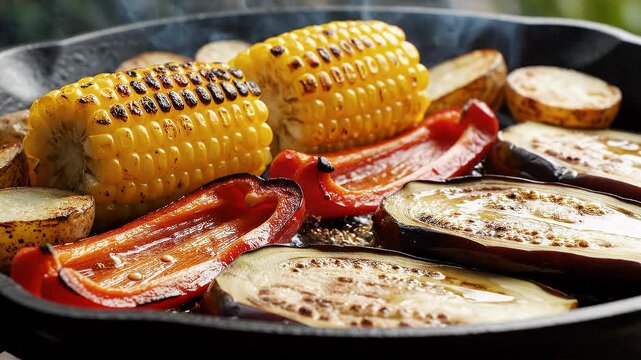 Grilled vegetables, skillet and corn on cob for healthy cooking, vegan meal and barbecue party. Eggplant, red pepper and potato with steam, outdoor dining and organic nutrition for lunch menu.