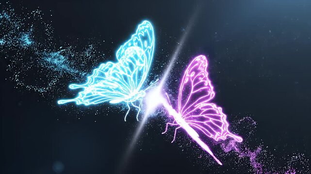 Neon butterfly, glowing wings and digital light on dark background for magic fantasy, technology and ethereal motion. Animated insects, particle trail and blue purple effect for creative design.
