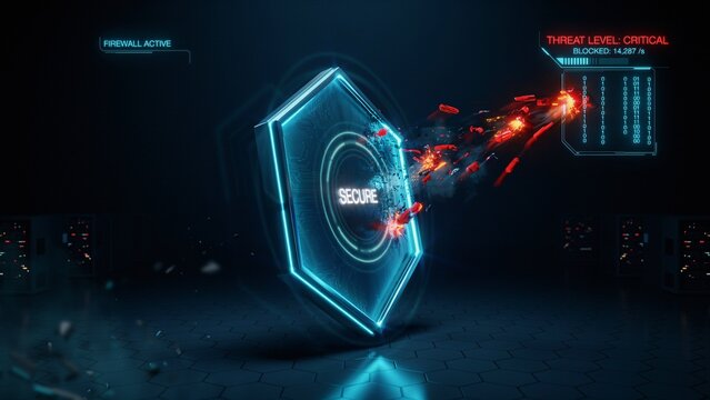 3 d render of a blue security shield with red threat level indicators
