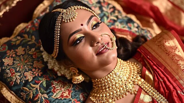 Indian bride, woman and wedding jewelry with gold necklace for tradition, marriage and luxury. South Asian, saree and bridal makeup in ceremony with fashion, culture and ethnic lifestyle beauty.