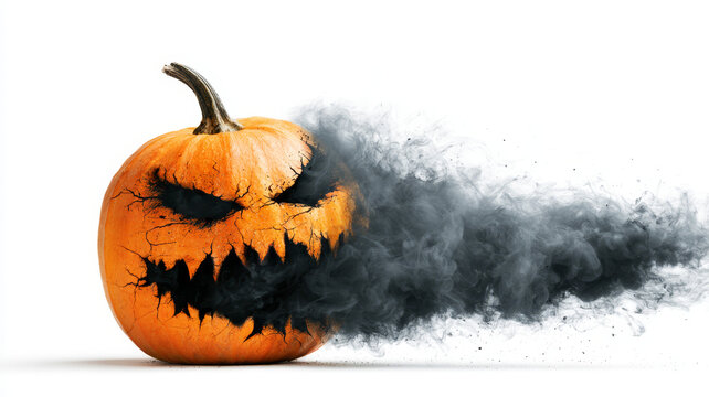 Small Cracked Pumpkin Releasing Ghostly Smoke for Halloween Concept