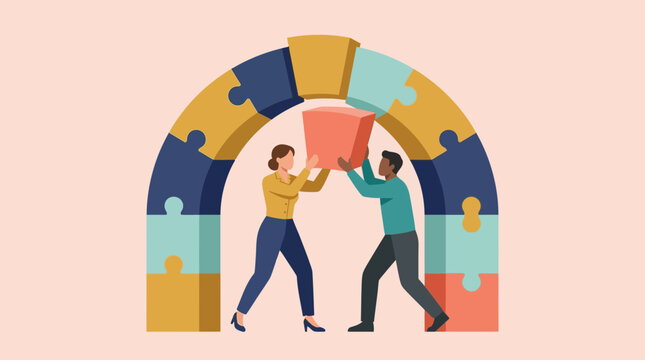 Two people placing a keystone to complete a puzzle archway symbolizing teamwork and achievement