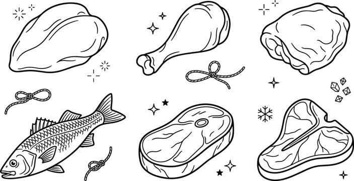 Raw Meat and Fish Fresh Butcher Shop Icon Set featuring Beef Steak Chicken Drumstick Breast Pork and Seafood Vector Elements for Menu Design