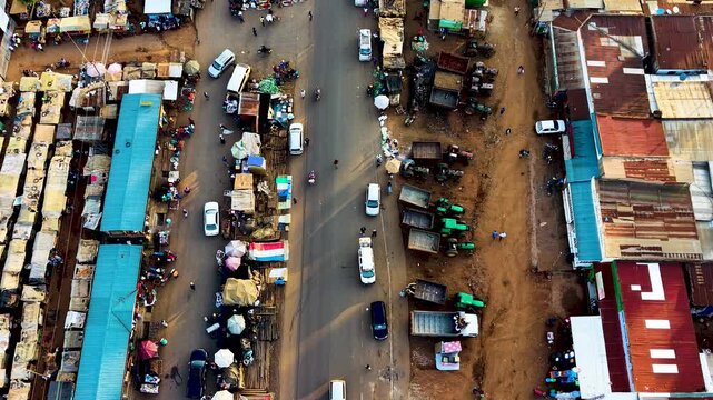 Houses of Kibera slums, roads in Soweto informal settlement nairobi kenya. Drone flying in the rural settlement of kenya slums