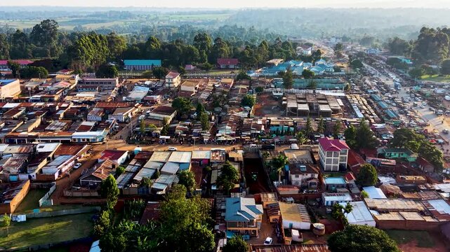 Houses of Kibera slums, roads in Soweto informal settlement nairobi kenya. Drone flying in the rural settlement of kenya slums