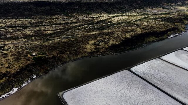 Lake Magadi kenya Sodaash Alkaline water salt lake Trona mineral deposits rift valley kenya . kenyan lake with Trona.