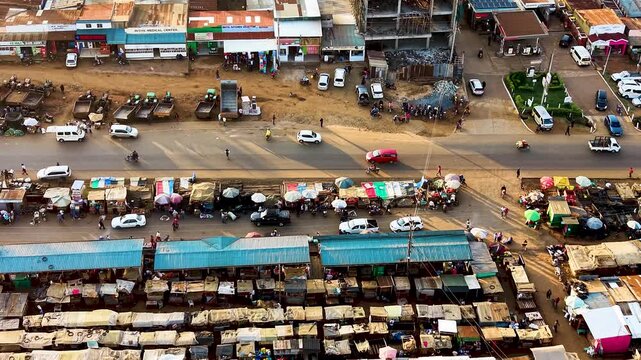 Houses of Kibera slums, roads in Soweto informal settlement nairobi kenya. Drone flying in the rural settlement of kenya slums