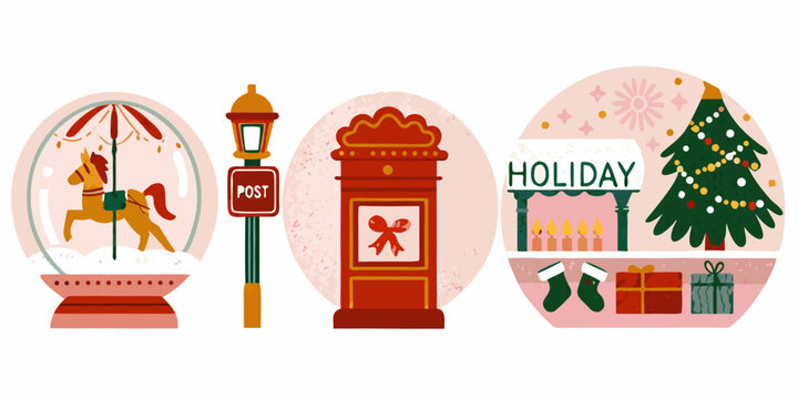 Christmas Elements Illustration Featuring Snow Globe Post Box And Decorated Tree