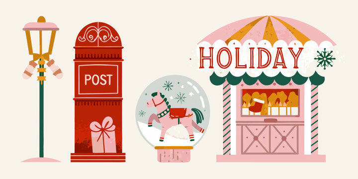 Holiday scene with postbox lamppost gift and rocking horse in snowglobe