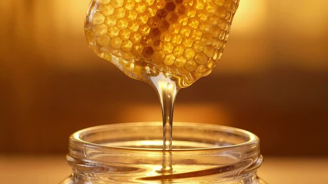 Honeycomb dripping glass jar with golden honey