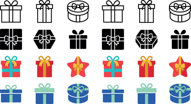 Christmas and Birthday Gift Box Icon Set with Diverse Shapes Including Round Star Hexagonal and Square Packaging for Festive Holiday Graphic Designs