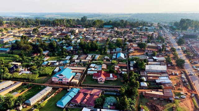 Houses of Kibera slums, roads in Soweto informal settlement nairobi kenya. Drone flying in the rural settlement of kenya slums