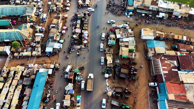 Houses of Kibera slums, roads in Soweto informal settlement nairobi kenya. Drone flying in the rural settlement of kenya slums