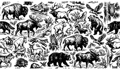 Obraz premium Dark Hand Drawn North American Forest Animals Seamless Pattern Vector Sketch Illustration