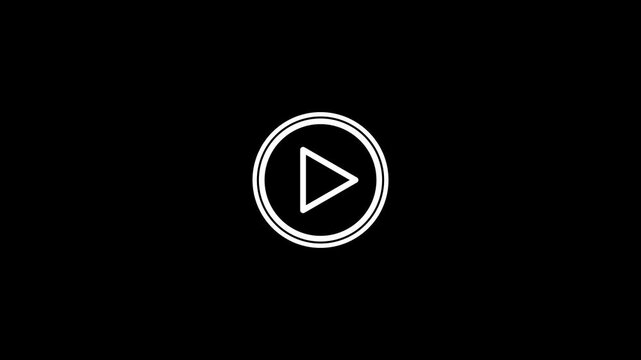 White minimalist video play button icon on black background with alpha channel. Video music play button loop animation.