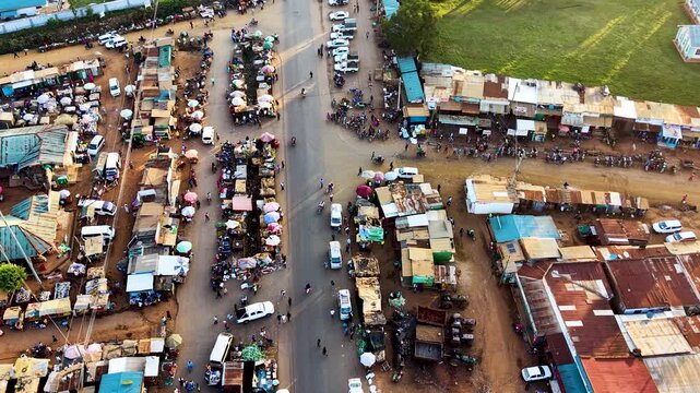 Houses of Kibera slums, roads in Soweto informal settlement nairobi kenya. Drone flying in the rural settlement of kenya slums