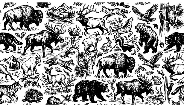 Dark Hand Drawn North American Forest Animals Seamless Pattern Vector Sketch Illustration