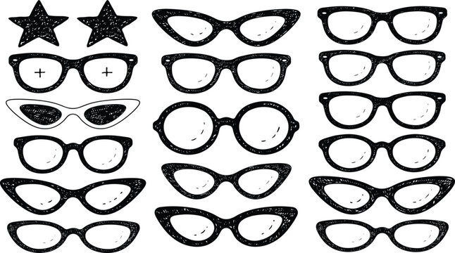 Hand Drawn Eyeglasses and Sunglasses Icon Set with Retro Cat Eye Frames and Geek Glasses Elements for Fashion Design and Web Graphicszszacass sc z  cseczzzw