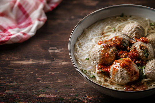 Bowl of indonesian bakso meatball soup with noodles and spicy red sambal chili sauce.