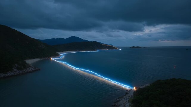 Aerial coastline view, glowing line and ocean for technology, network and futuristic connection. Sea, beach and mountains with light trail, night sky and dramatic landscape for energy travel