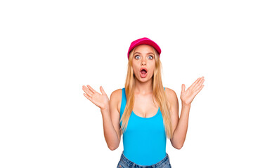 Young attractive nice cute straight-haired shocked blonde girl wearing casual, bright vivid cap, clapping with palms, showing wow expression. Copy empty blank space. Isolated over beige background © deagreez