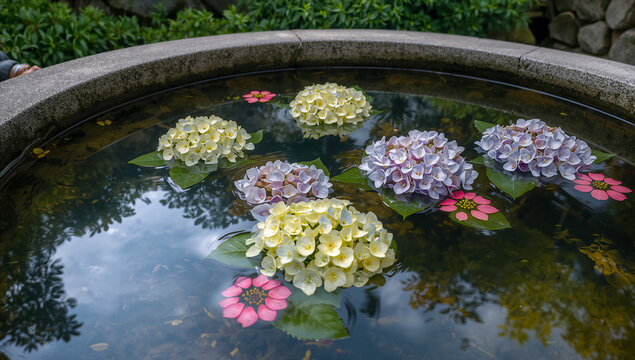 寺院の石造りの手水舎に美しく浮かべられた色鮮やかな紫陽花