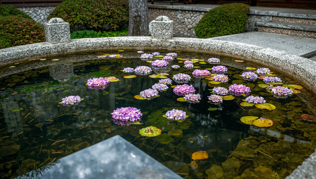 寺院の石造りの手水舎に美しく浮かべられた色鮮やかな紫陽花