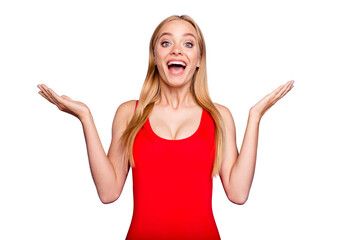 Portrait of attractive surprised blonde gorgeous girl wearing red swim suit with opened mouth. Isolated over violet pastel background © deagreez