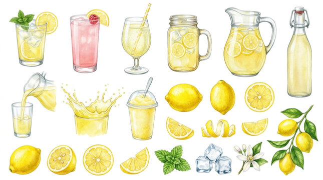 Watercolor lemon and lemonade elements set with drinks pitcher and fresh citrus fruit