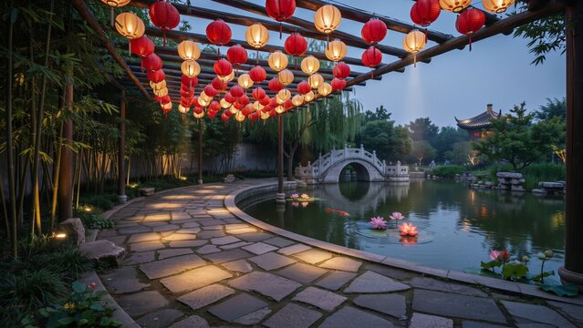  Peaceful Chinese Garden Illuminated by Red & Gold Lanterns at Dusk for Lunar New Year Celebration, Traditional Asian Culture Background