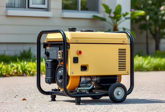 portable yellow generator outdoors near building