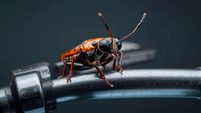 Close-up of a vibrant insect with large eyes and intricate details, perched on a metallic surface, showcasing its unique features and textures in a dark background setting
