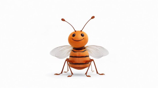 Cartoon bee character with orange body and black stripes transitions from sitting to standing with wings extended, showcasing a playful expression against a white background